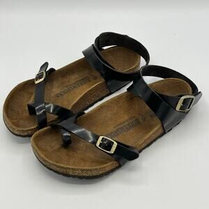 Birkenstock Yara Black Patent Leather Gold Buckle Womens Sandals EU 38/US 7.5